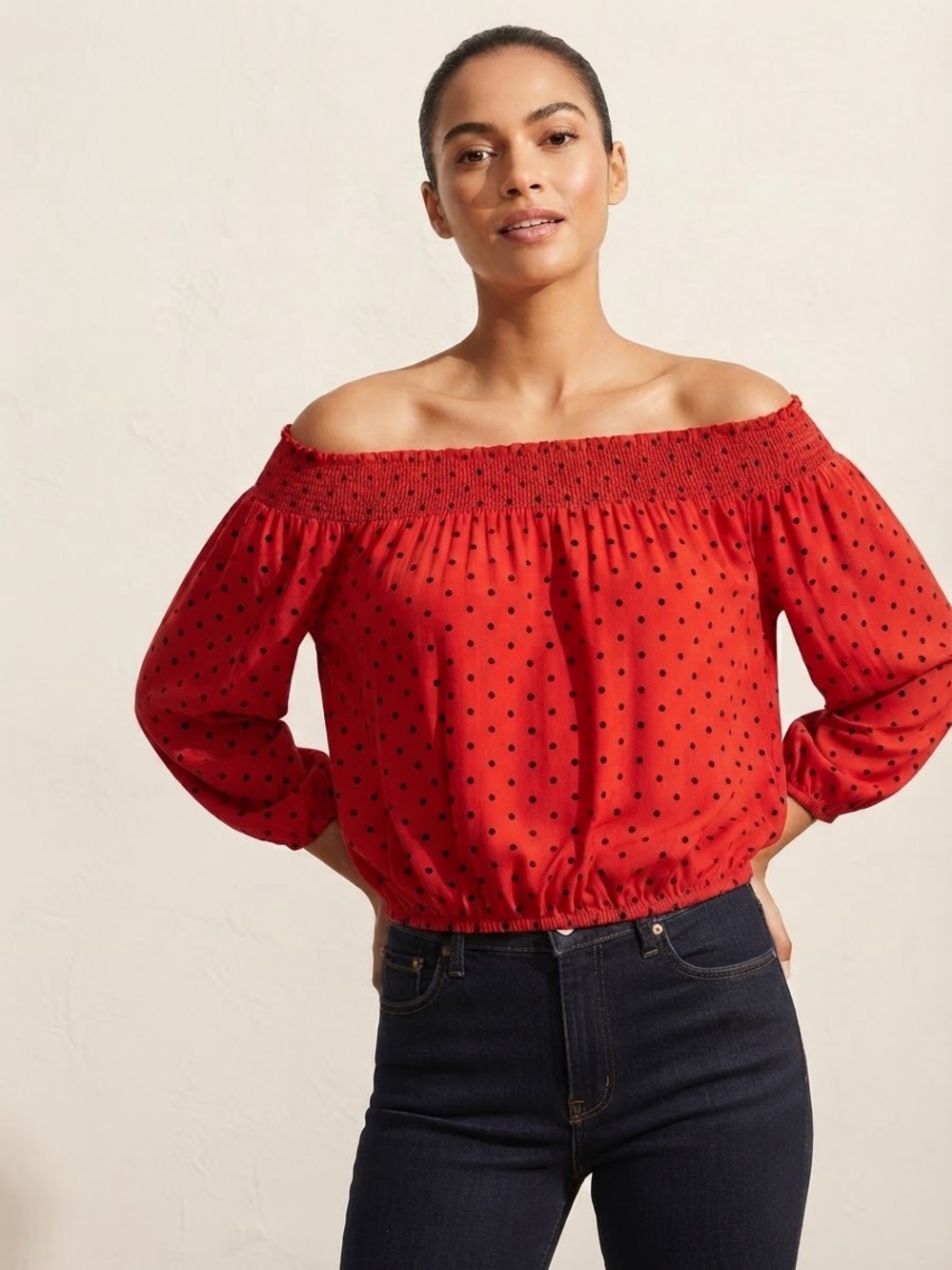 Tommy Hilfiger Red Off-Shoulder Polka Dot Smocked Blouse M